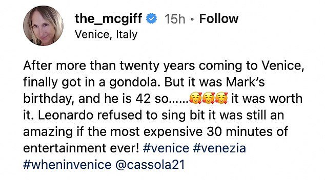 Carol McGiffin, 63, sat in a gondola with her toyboy husband Mark Cassidy, 42, as they celebrated his birthday in Venice this weekend