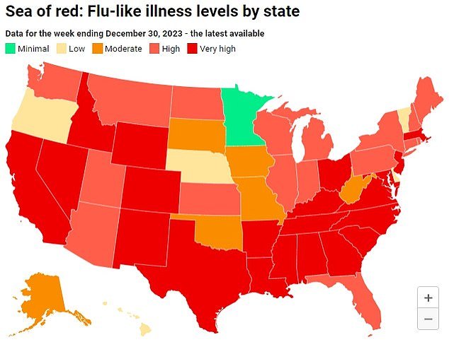 The map above shows the number of flu-like illnesses by state in the week to December 30, the latest available