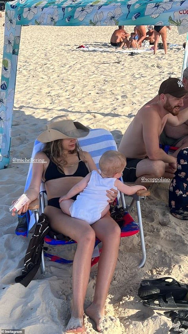 She was joined by her two siblings – brother Simon Coppolino and sister Michelle Ring (both pictured) – and all their children as they soaked up the sun on the coast.
