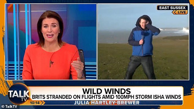 One video shows Nick Ellerby from TalkTV in East Sussex as both he and the camera filming him shake dramatically as they are buffeted by the wind.