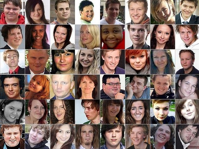 Breivik was sentenced to 21 years in prison, the harshest possible sentence under Norwegian law, for killing 77 people in a bomb attack in July 2011. Pictured: the victims of the terror attack