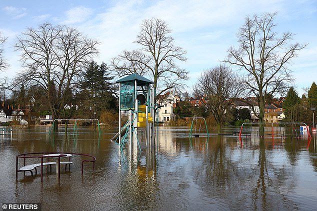 A children's playground in Quarry Park, Shrewsbury, was flooded after the River Severn burst its banks when Storm Henk hit Britain last week