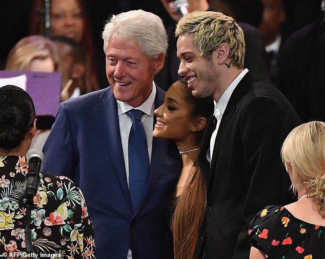 Pete Davidson has revealed he was high on ketamine when he attended Aretha Franklin's funeral in 2018 (pictured at the funeral with then-fiancée Ariana Grande and Bill Clinton)
