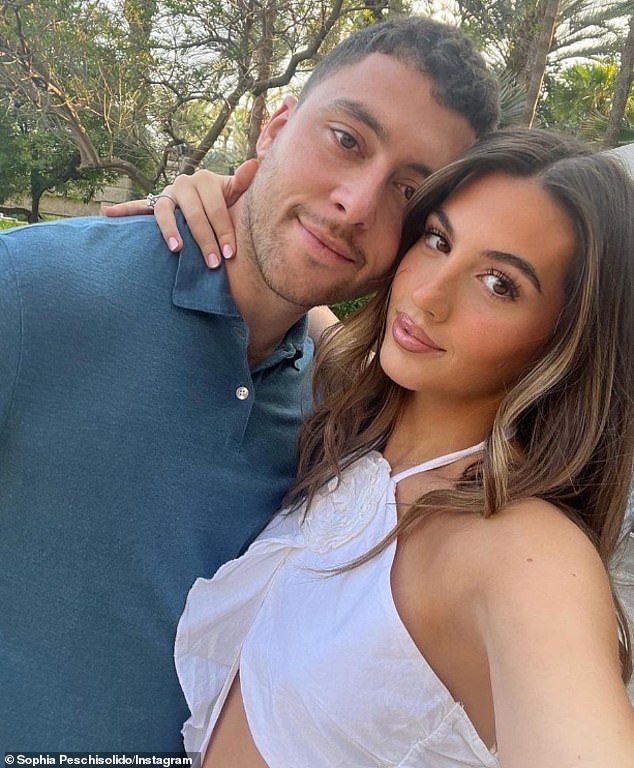 Sophia announced the happy news of her pregnancy on her Instagram last year with a montage of sweet snaps with her fiancé Frankie Makin (photo)