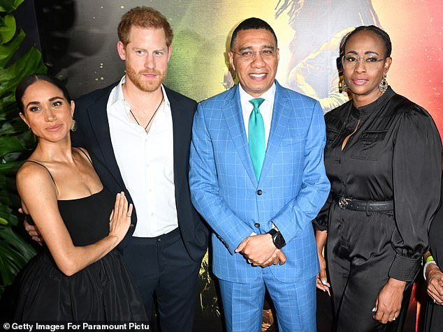 Prince Harry and Meghan Markle with Jamaican Prime Minister Andrew Holness and his wife Juliet last night for the premiere of Bob Marley: One Love at the Carib Theater in Kingston