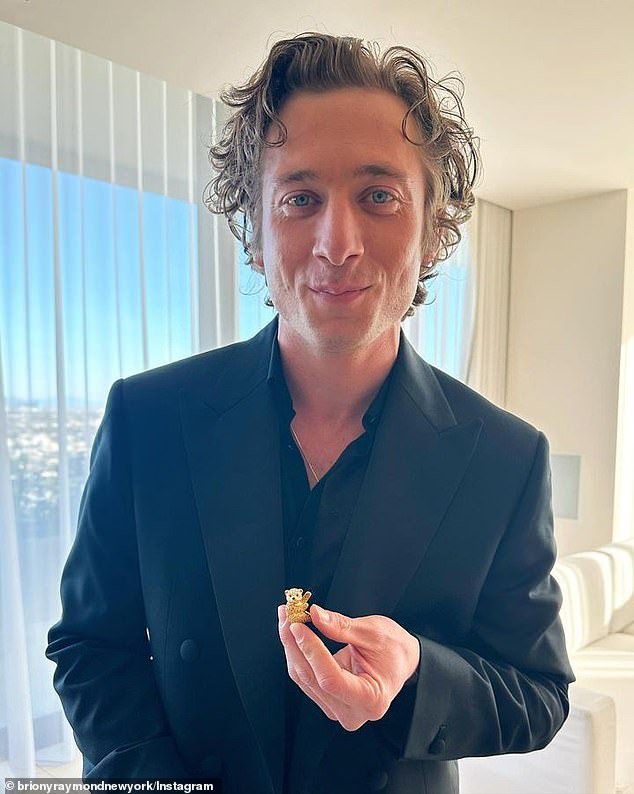 Jeremy Allen White (pictured) brought a very special lucky charm with him when he attended the Golden Globes on Sunday