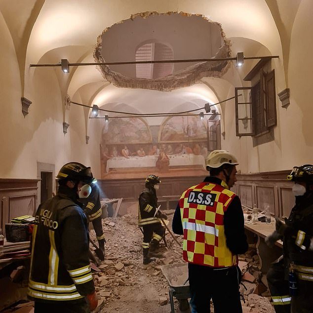 Guests said it felt like an earthquake when the gaping hole opened and they plunged into the room below, falling into rubble and plaster in front of a fresco of the Last Supper.  In the photo: the scene