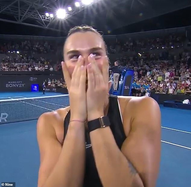 Belarusian tennis champion Aryna Sabalenka (pictured) won her match against Daria Kasatkina at the Brisbane International in Queensland, Australia on Friday evening, and had a very famous fan in the crowd watching