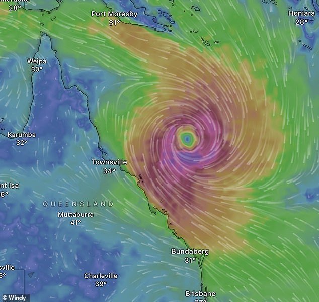 Authorities believe developing Cyclone Kirrily (pictured) is expected to hit land between Innisfail and Airlie Beach, south of Cairns, on Thursday