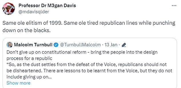 Prof Davis slammed Malcolm Turnbull in a post (pictured) on Twitter
