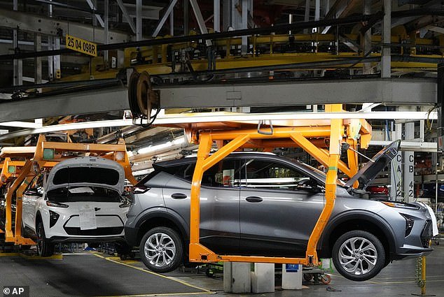 Vehicles move along the 2023 Chevrolet Bolt EV and EUV assembly line during the General Motors Orion Assembly on June 15, 2023 in Lake Orion, Michigan