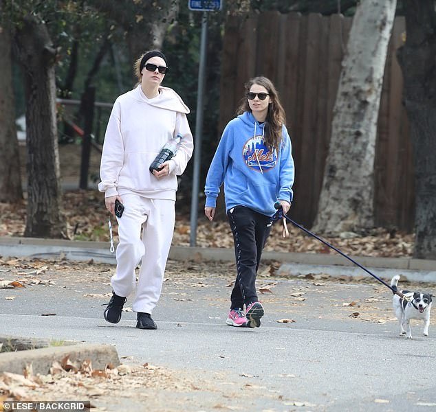 The British beauty, 31, cut a casual figure in a pink tracksuit as the adorable couple took their pet for a stroll through the cute town of Los Feliz