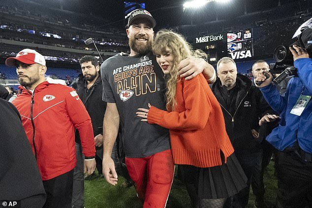 “It's really important because Taylor Swift is an icon and works really hard on all the things she creates, and we would never want to take credit for something that she wasn't a part of,” Bryce said;  Taylor pictured with her boyfriend Travis Kelce after they were named the AFC Champs on Sunday