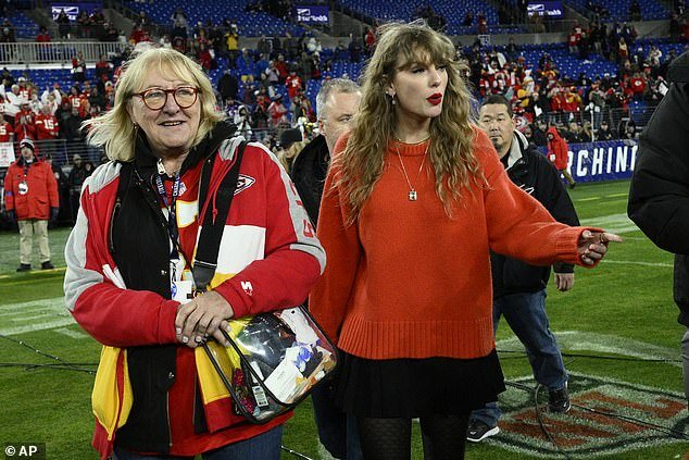 Donna was spotted with the Grammy-winning singer, 34, as they watched Travis and the Kansas City Chiefs battle for a win in the AFC Championship game against the Baltimore Ravens at M&T Bank Stadium in Baltimore last Sunday