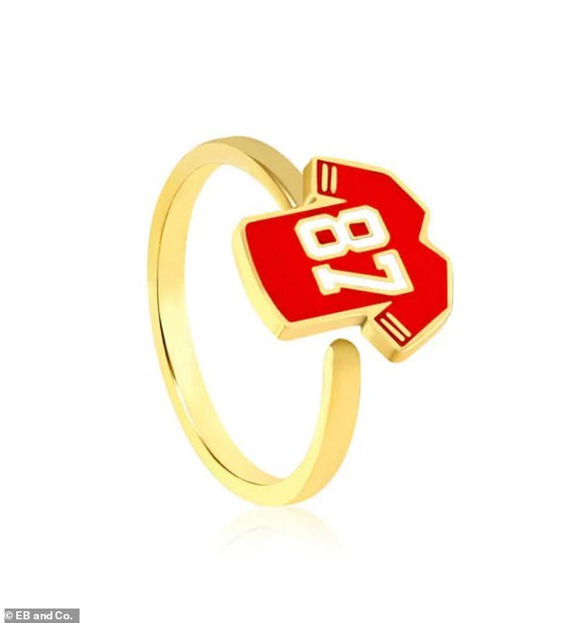 Swift wore a ring last Sunday with a replica of Travis' Chiefs jersey with the number 87, which Donna gave her as a gift.  EB and Co., a Kansas City-based company, produced the jewelry