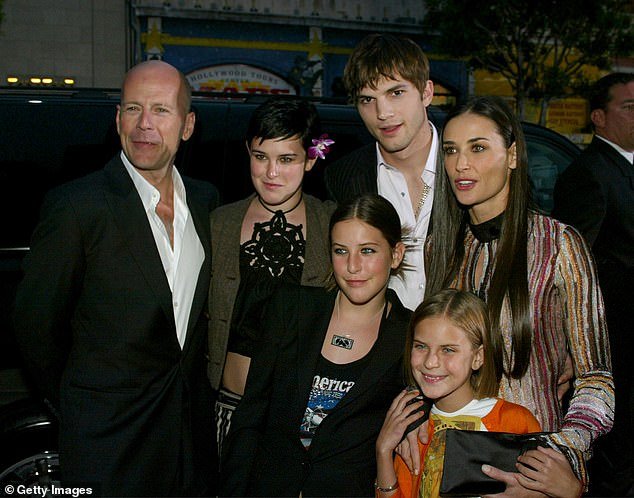 In 2003, while she was with Ashton Kutcher, she was spotted with ex Bruce Willis and their three children Rumer, 35, Scout, 32, and 29-year-old Tallulah.