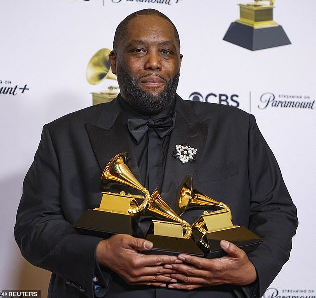 The 48-year-old rapper, star of Run The Jewels, is pictured with his three Grammys on Sunday night, moments before he was arrested