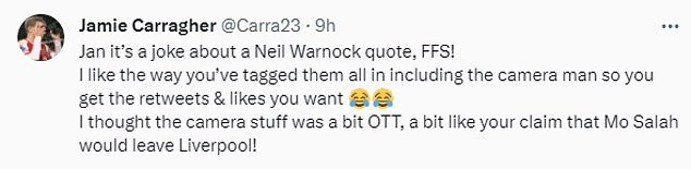 But the ex-Liverpool defender hit back at the former Sheffield United striker, saying: 'It's a joke about a Neil Warnock quote, FFS!'