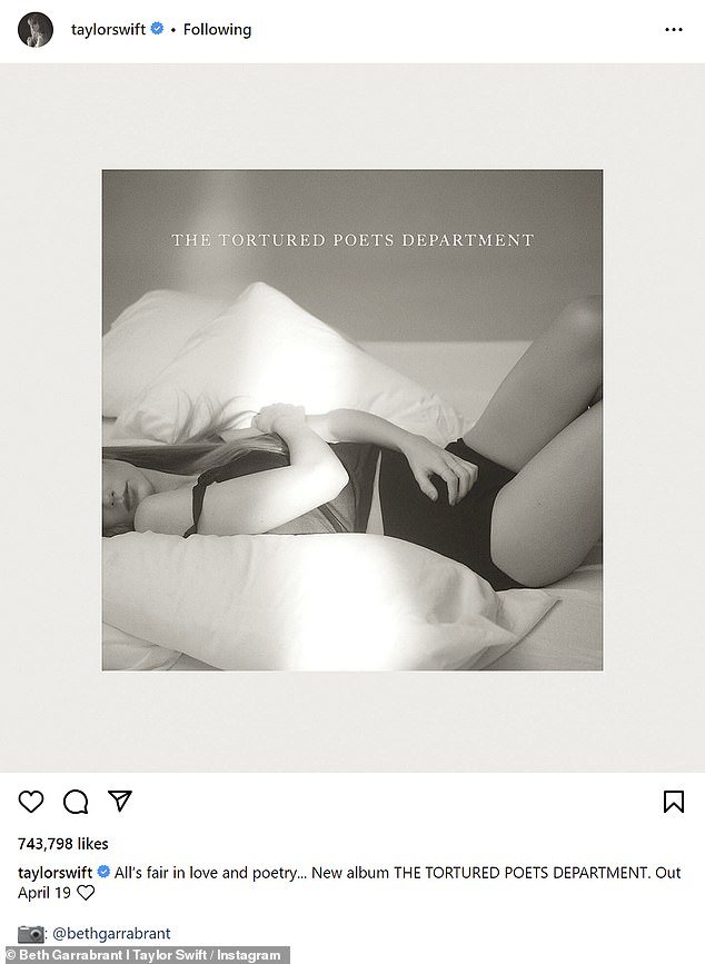 She revealed that the album, titled The Tortured Poets Department, will be released on April 19.  Immediately after she left the stage, the racy cover of the album was shared on her Instagram page.