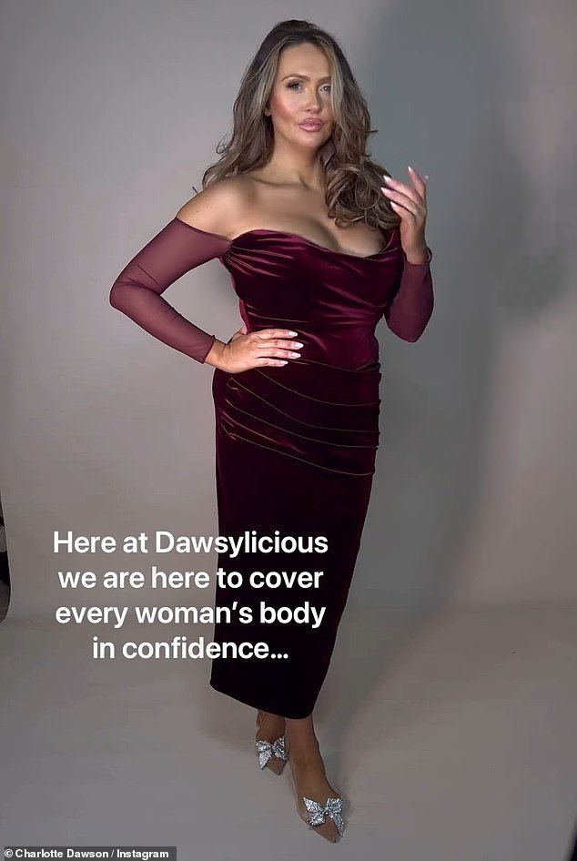 Charlotte showed off her ample cleavage in a plunging purple velvet dress as she applied her Dawsy lip gloss and promoted her tan