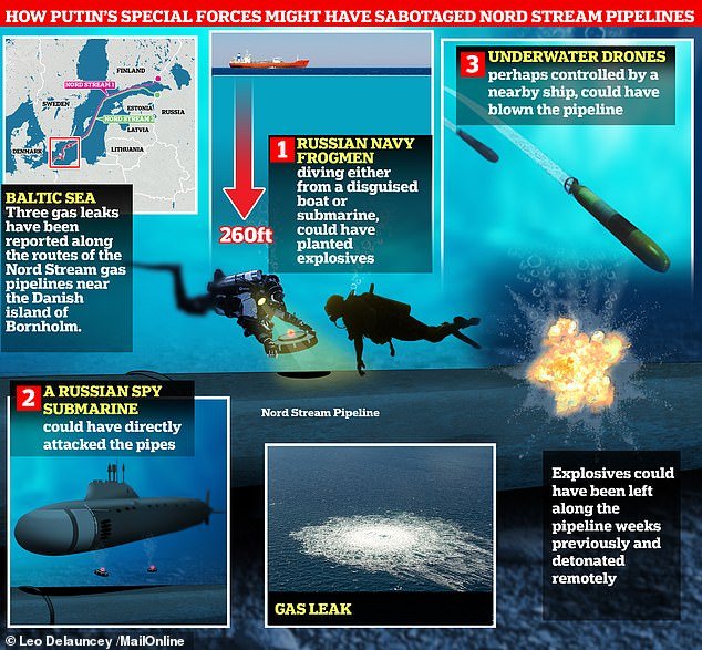 Russia was also accused of carrying out the Nord Stream gas explosions.  Explanations range from divers to spy submarines and underwater drones, with the possible motive being to cripple Europe's energy supply in winter.