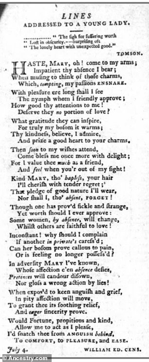 In this excerpt from 1796, a man named William Ed.  Cens addresses the object of his desires, Maria, in a self-made poem