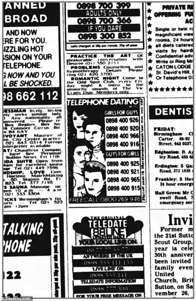 'Adults only if you dare': In this 1988 copy of Sandwell Evening Mail, ads give numbers for telephone dating