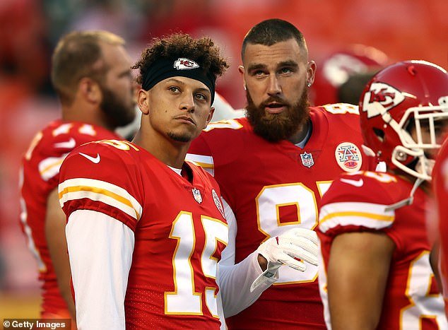 The two will cheer on brothers Patrick Mahomes (L) and Travis Kelce (R) on Sunday