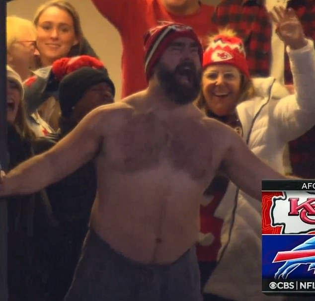 Jason supported Travis during the Chiefs' playoffs, including a shirtless party