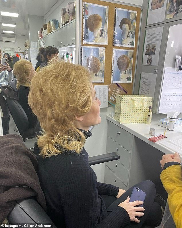 Gillian was seen in the hair and makeup chair during the complicated process and still had some of her natural locks sticking out from the bottom of the hair piece.