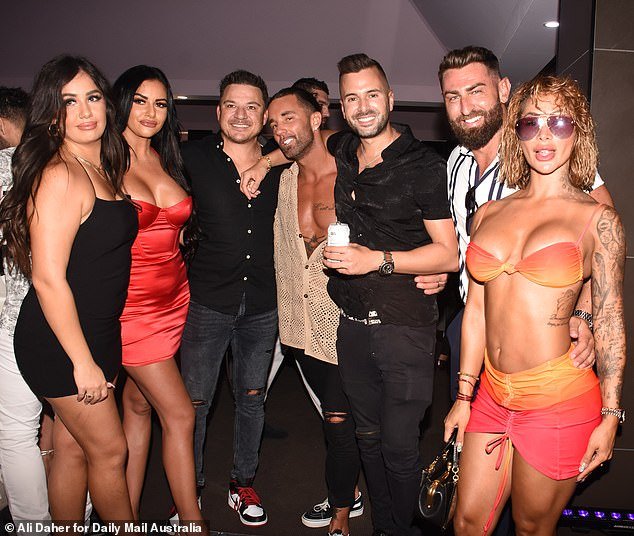 Jack was pictured with guests including fellow MAFS groom Dan Hunjas (third from left), FBoy Island contestant Mikey Gelo (third from right) and local personal trainer Ryan Gregory (second from right)