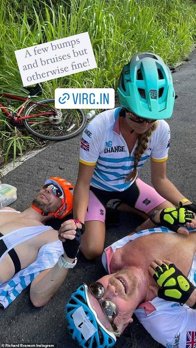 The billionaire feared he had broken his back after colliding with another rider (photo moments after the 2021 collision)
