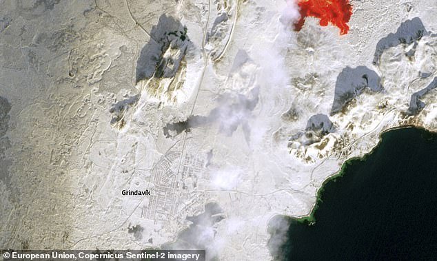 In this close-up of the satellite image you can see how close the lava flows came to the city as the gas cloud passed over the previously inhabited area.  You can also see the black rock left behind by an eruption in January, which destroyed at least three houses