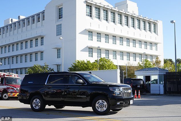 Former President Donald Trump arrives at the federal courthouse in Fort Pierce, Florida, on Monday, February 12, 2024, for a closed hearing in his criminal case, in which he is accused of mishandling classified documents