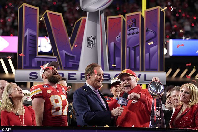 Kelce (second from left) and Reid celebrate after the Chiefs' overtime victory against the San Francisco 49ers during Super Bowl LVII on Sunday night in Las Vegas