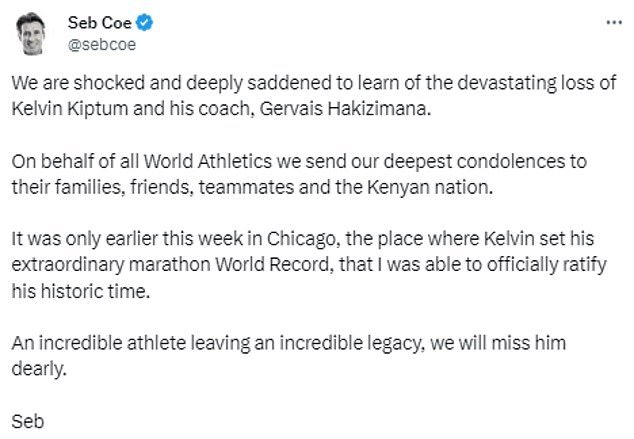 World Athletics chairman Seb Coe led the tributes to the 24-year-old on social media