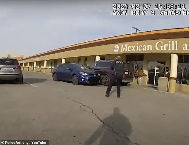 An Ohio officer shot a woman through the windshield as she clung to the roof of her car after mowing him down during a wild police chase caught on camera.  (Pictured: One of the sergeants approaches the vehicle as it reverses - moments before it crashes into him)