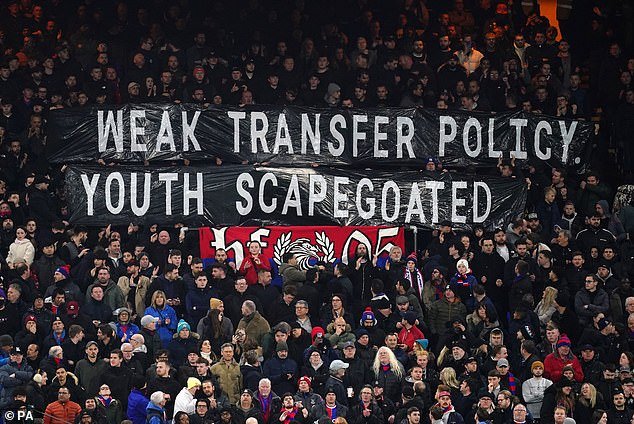 Crystal Palace fans held up banners protesting the club's ownership of Selhurst Park