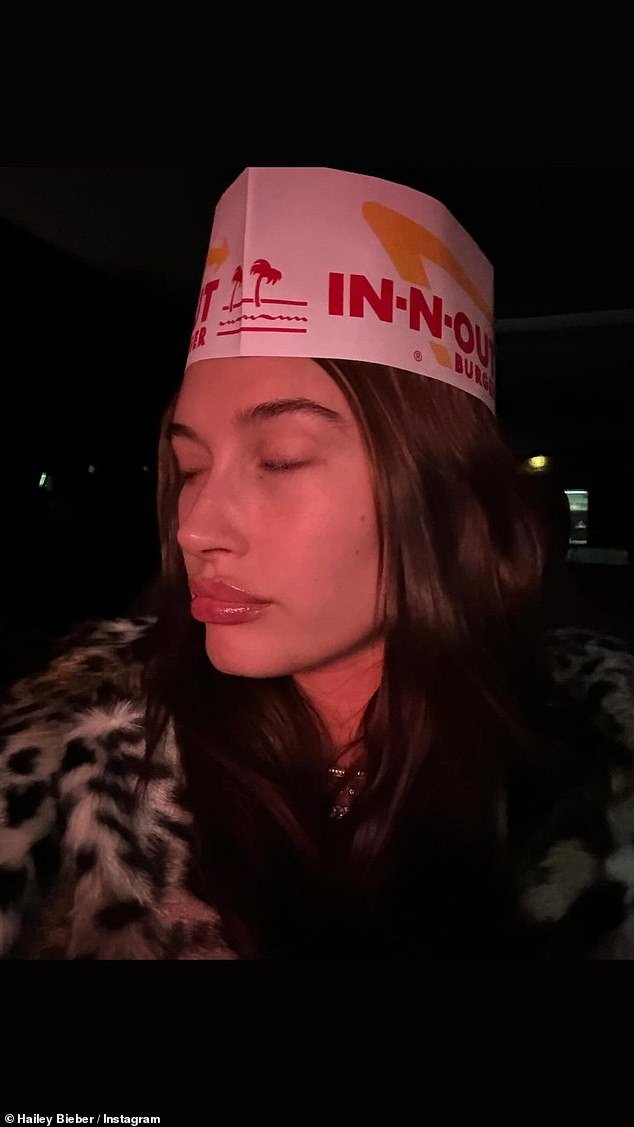 Hailey revealed they stopped for takeout at In-N-Out, wearing one of the fast food chain's hats on her head in a sultry selfie