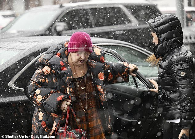 Vouge fashion editor Lynn Yaeger wore a plaid dress, floral puffer coat and pink beanie as she stepped out of a car to attend the fashion show