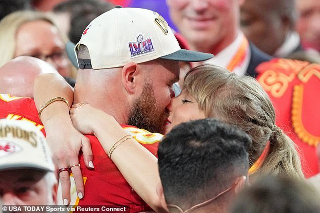 Swift and Kelce shared a kiss after the tight end helped the Chiefs capture the championship