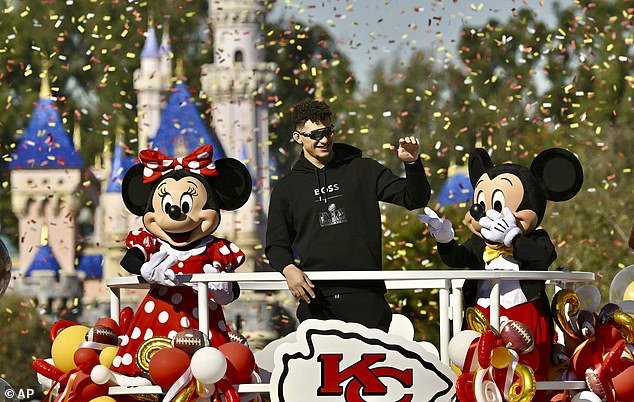 Patrick Mahomes greets fans at Disneyland in the traditional post-Super Bowl performance
