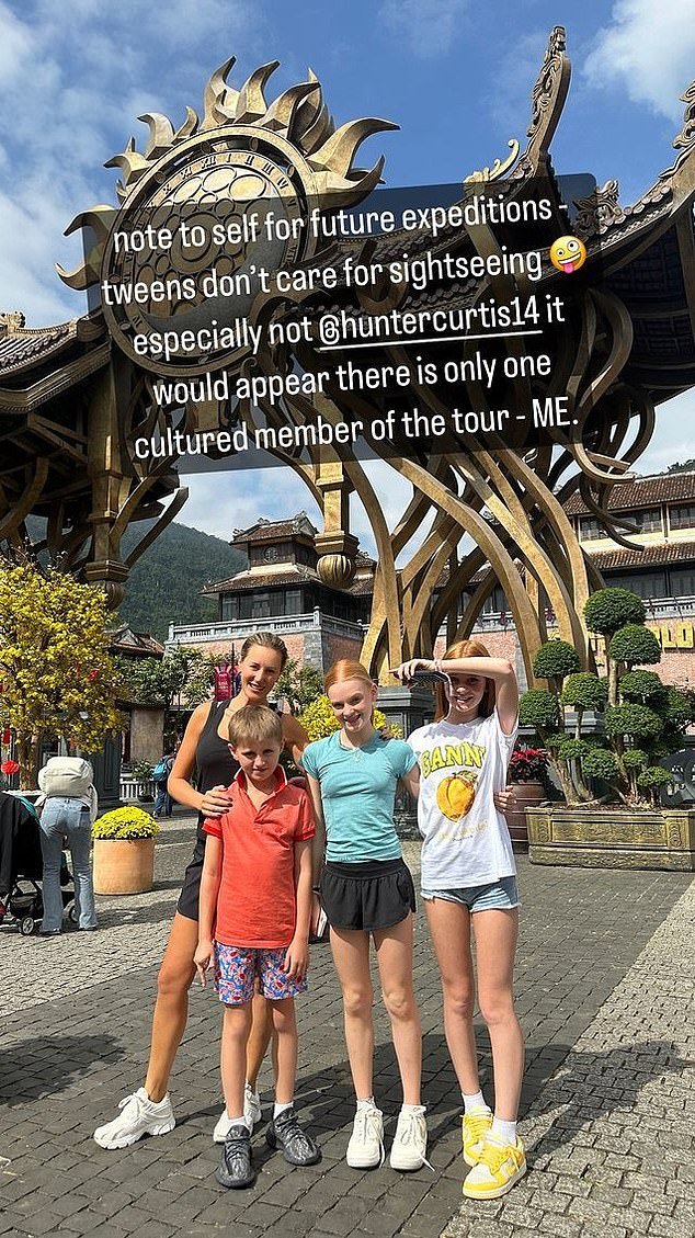 Earlier in the day, Roxy shared a photo of herself posing with Hunter, her daughter Pixie, 12, and one of Pixie's friends at the start of the tour.  'Note to self for future expeditions: tweens don't like sightseeing, especially Hunter Curtis.  It seems like there's only one civilized member of the tour: ME,” she joked