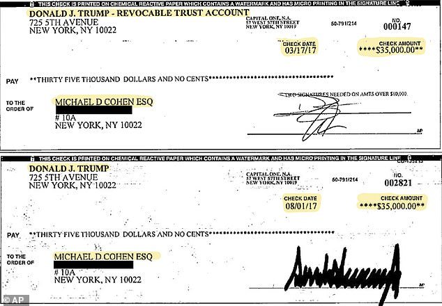 Michael Cohen's attorney provided an image of copies of two checks the former president's longtime fixer received that he claims Trump wrote from his personal bank account after he became president to reimburse him for payments to Daniels over her silence