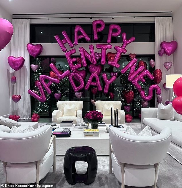 Khloe also had a blast decorating for Valentine's Day, showing off a photo of a living room filled with pink balloons, some of which read 