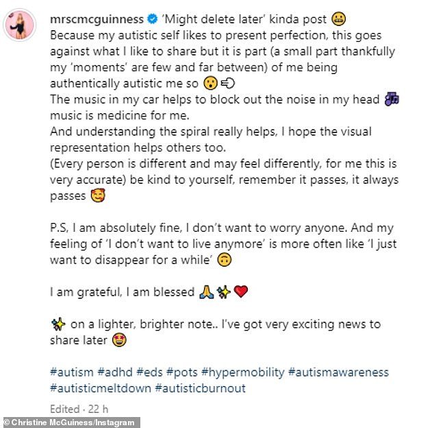 Posting a photo and clip to Instagram, she explained the stages of an 'autism meltdown' to her 726,000 followers, using images of spirals to help