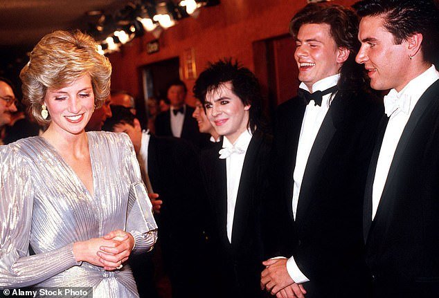 Princess Diana laughs with Duran Duran's Nick Rhodes, John Taylor and Simon Le Bon at the royal premiere of View to a Kill
