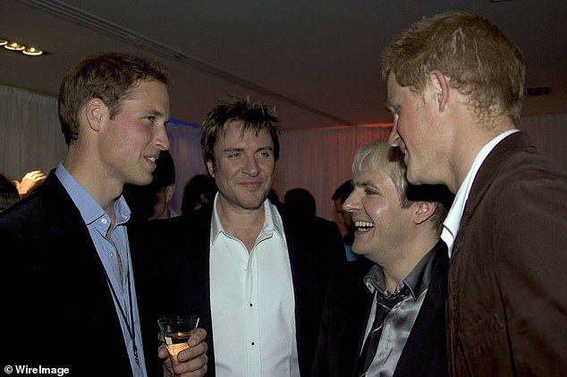 William and Harry chat with Simon le Bon and Nick Rhodes after the Diana concert in 2007