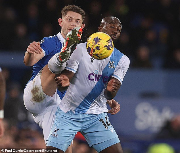 Palace striker Jean-Philippe Mateta gets into a clash with Everton defender James Tarkowski