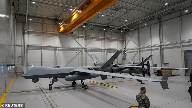 Pictured: A US Air Force MQ-9 Reaper drone sits in a hangar at Amari Air Base in Estonia
